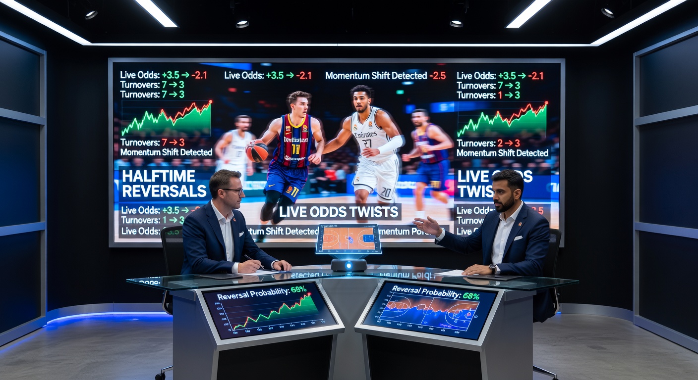 Live betting interface during a Euroleague game, displaying halftime odds reversal for Fenerbahce against ASVEL, with line graphs showing the shift