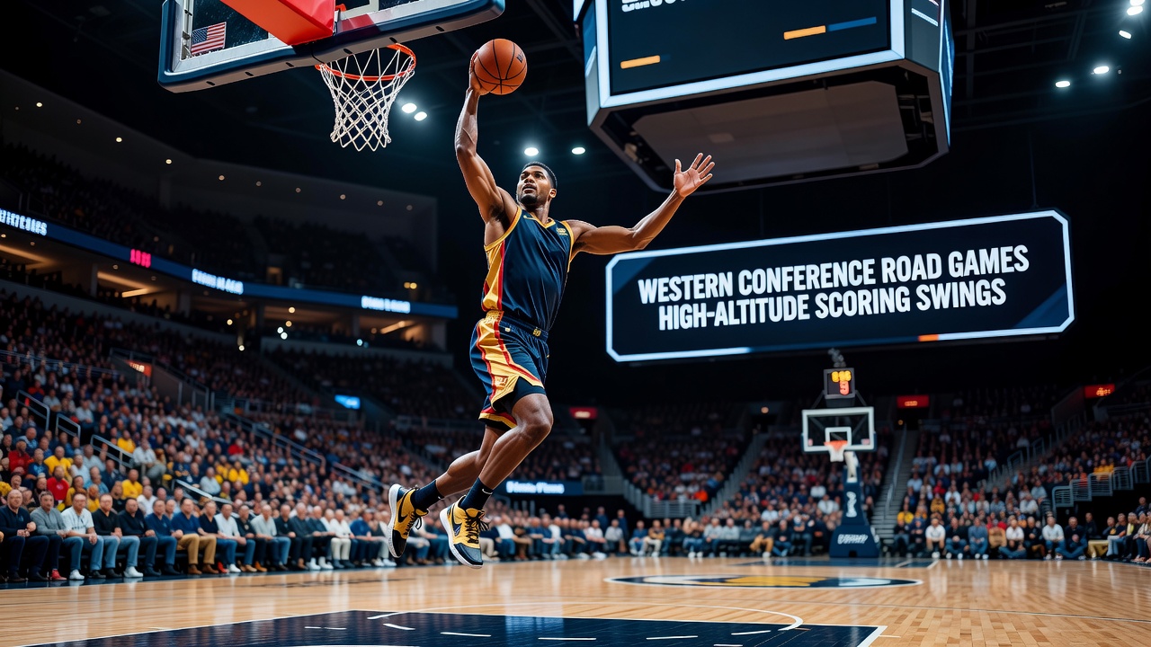 Detailed view of a basketball arena at high elevation with players adapting to thinner air during a Western Conference matchup
