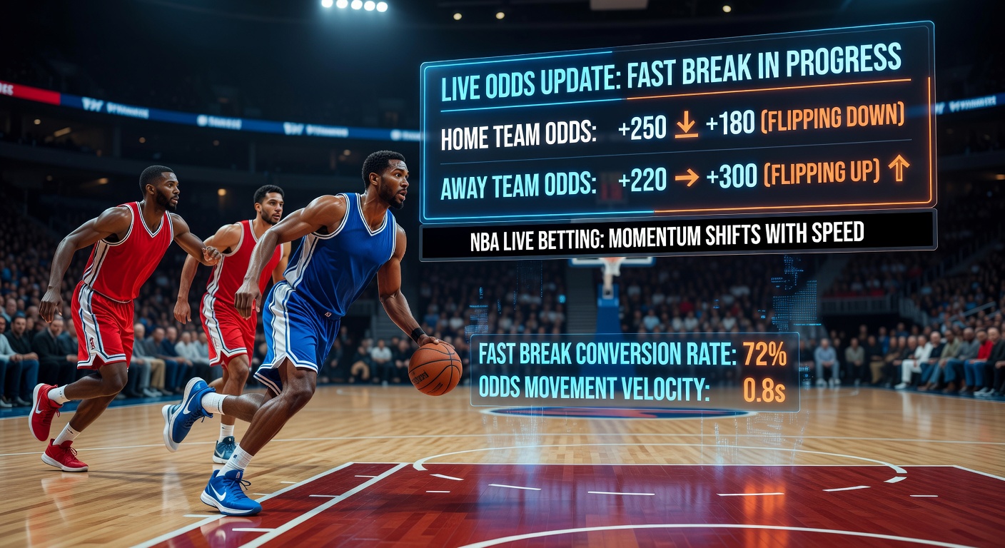 Close-up of an NBA fast break with players streaking toward the basket, odds ticker overlay showing line shift in background