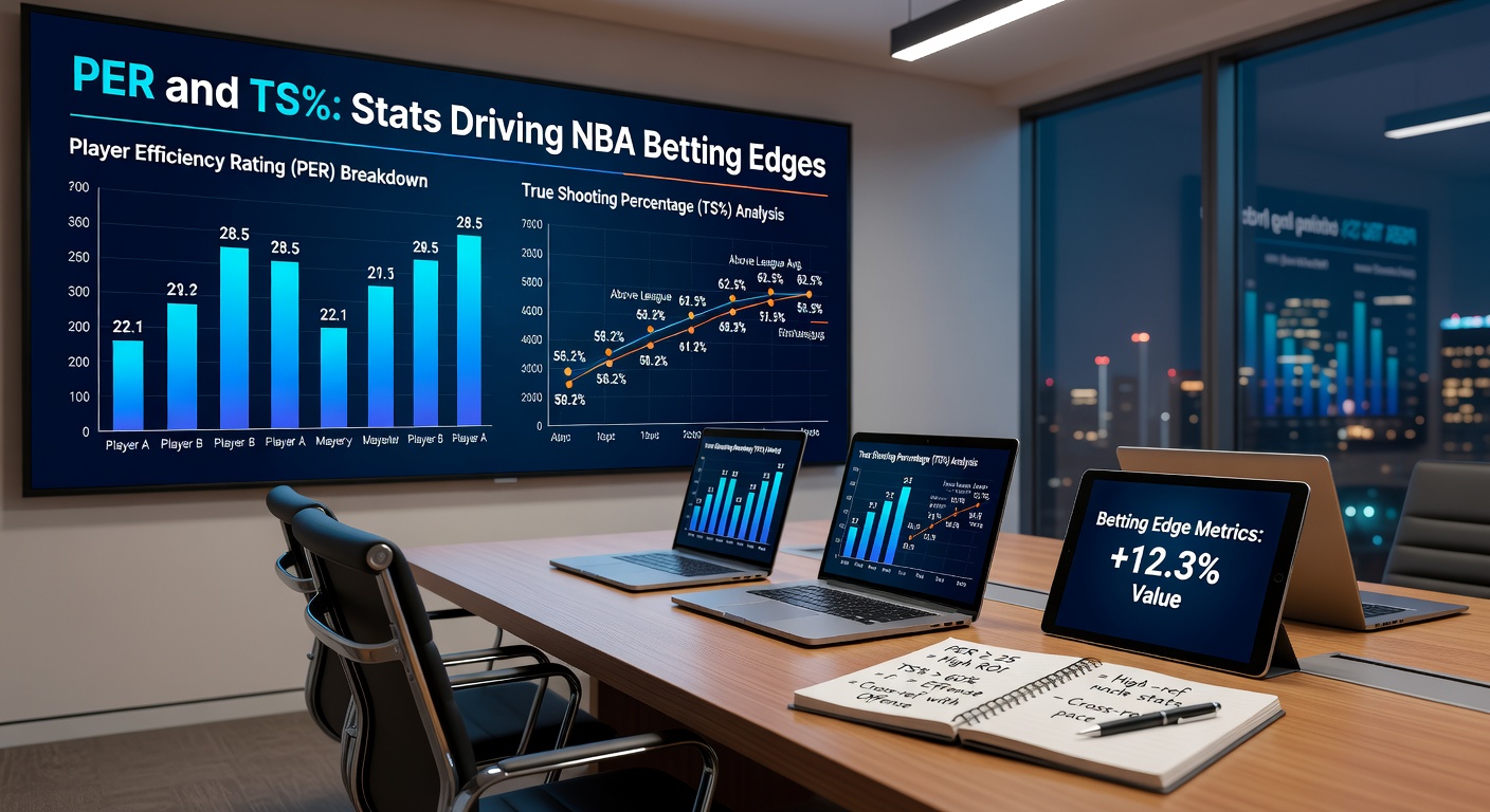 Close-up of an NBA scoreboard displaying PER and TS% stats for star players during a high-stakes April playoff push