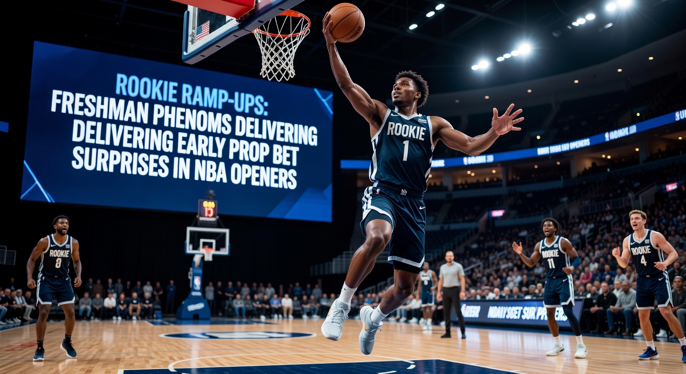 Close-up of a rookie celebrating a prop-bet busting dunk in an NBA opener, teammates mobbing him on the court