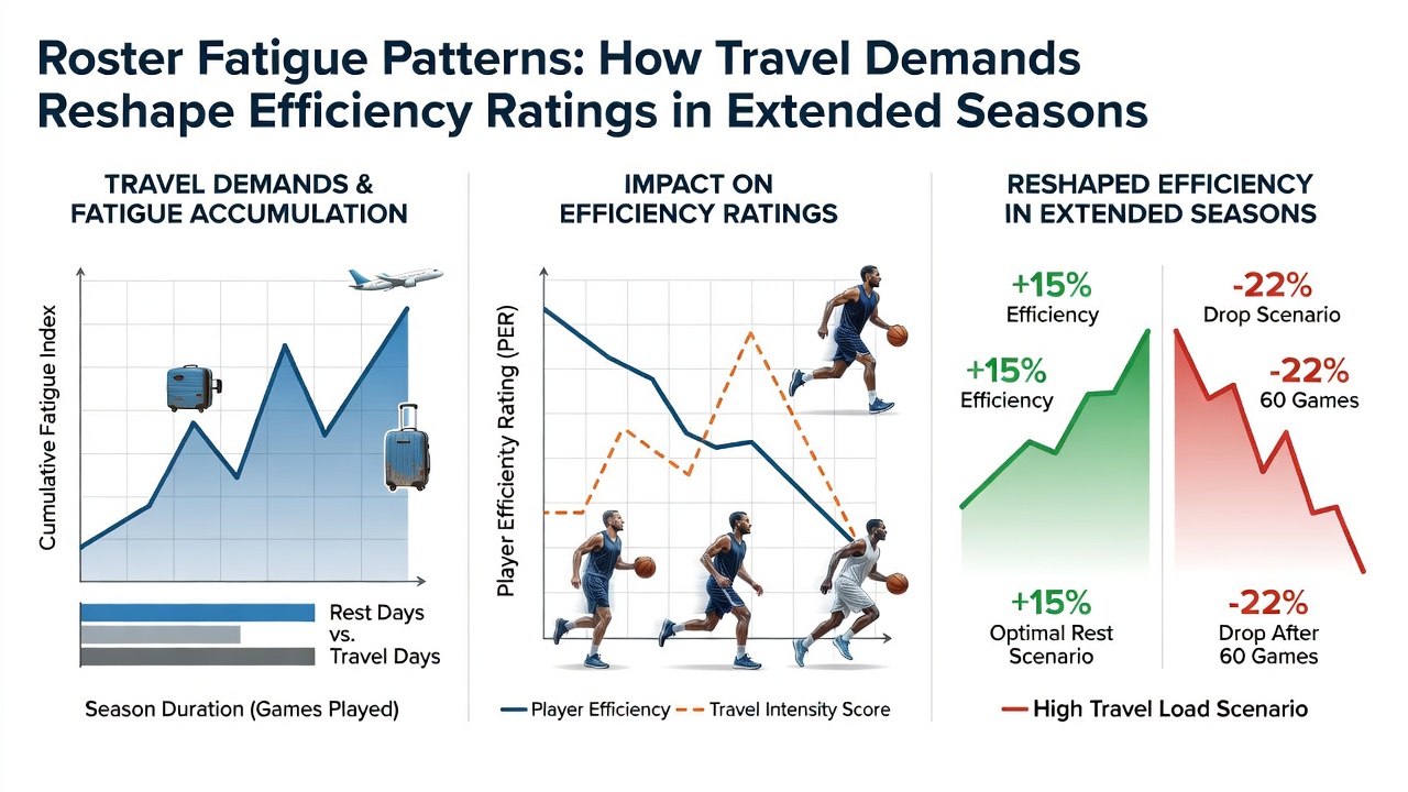 Coaches reviewing player performance charts on a tablet during a team flight, highlighting analysis of efficiency changes