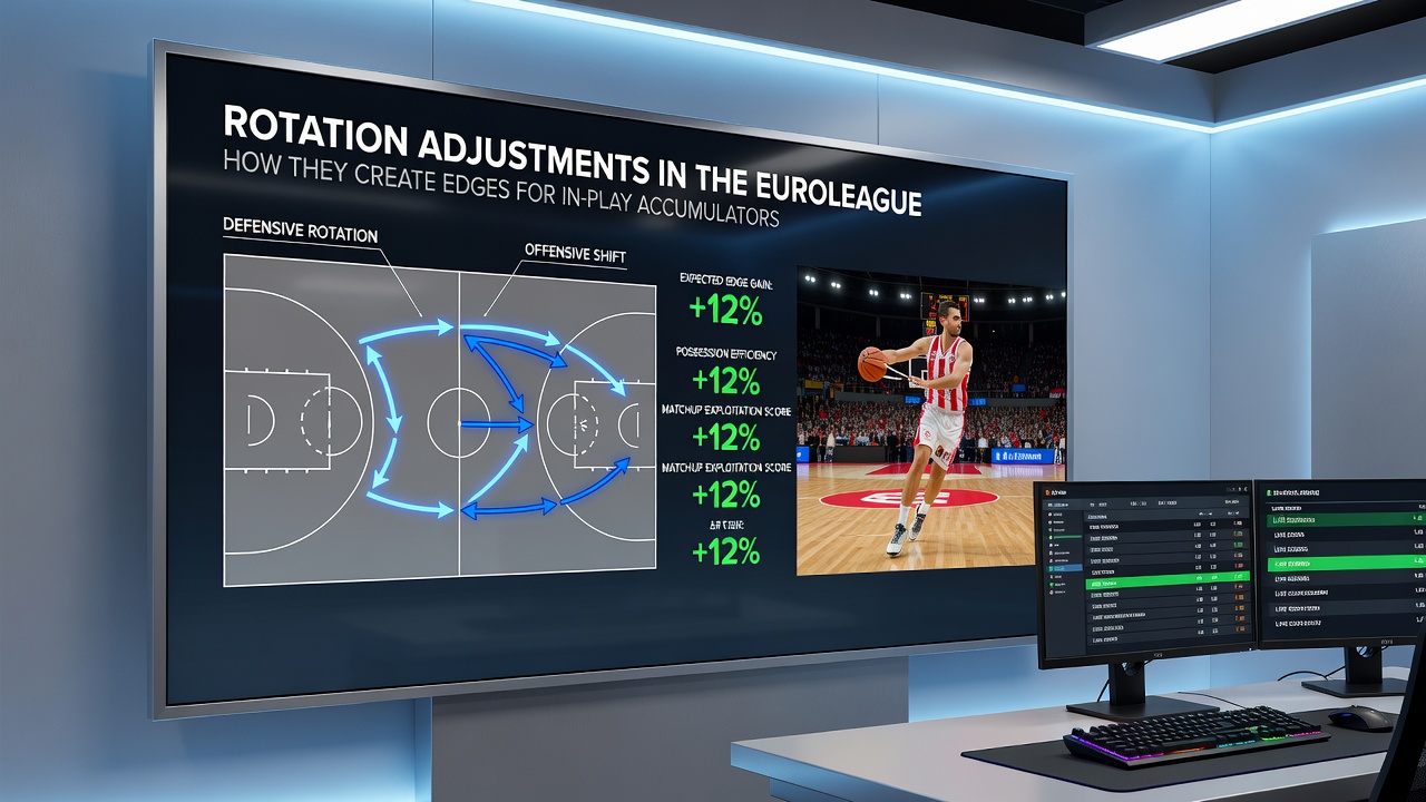 Coaches reviewing tablet data on the sideline while players prepare for rotation changes in a Euroleague match