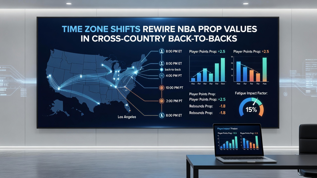 Basketball analytics dashboard displaying time zone adjusted player prop statistics for NBA back-to-back games