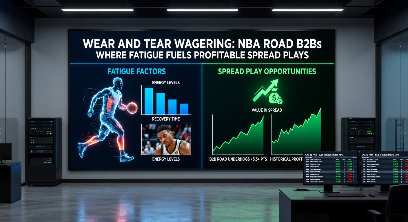 Chart showing NBA road B2B spread cover rates over five seasons, with bars highlighting peak value at +5 to +7 lines